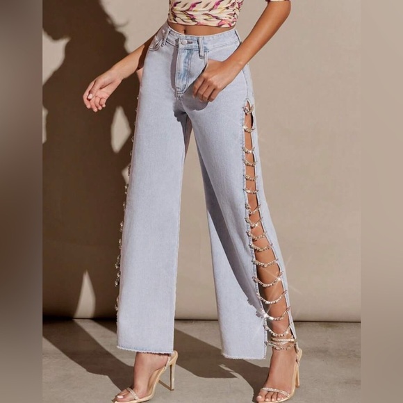 🤩🤩🤩BOGOHO 🤩🤩🤩Side Rhinestone Link Wide Leg Jeans